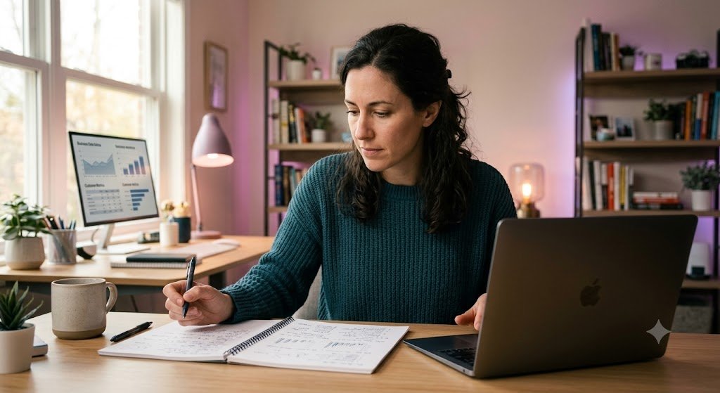 Extensive Market Research That Finds What Customers Need to Hear 1 A woman working at a desk near a computer doing extensive market research