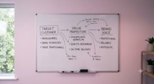 Whiteboard diagram mapping target customer, value proposition, and brand voice for brand strategy and messaging