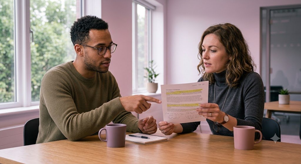 Two people reviewing highlighted brand messaging document, representing common questions about brand strategy and messaging
