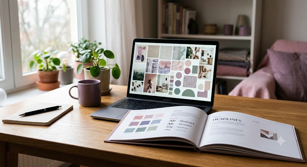 Open brand style guide showing color palette and typography next to a laptop displaying a brand moodboard during a brand strategy and messaging project