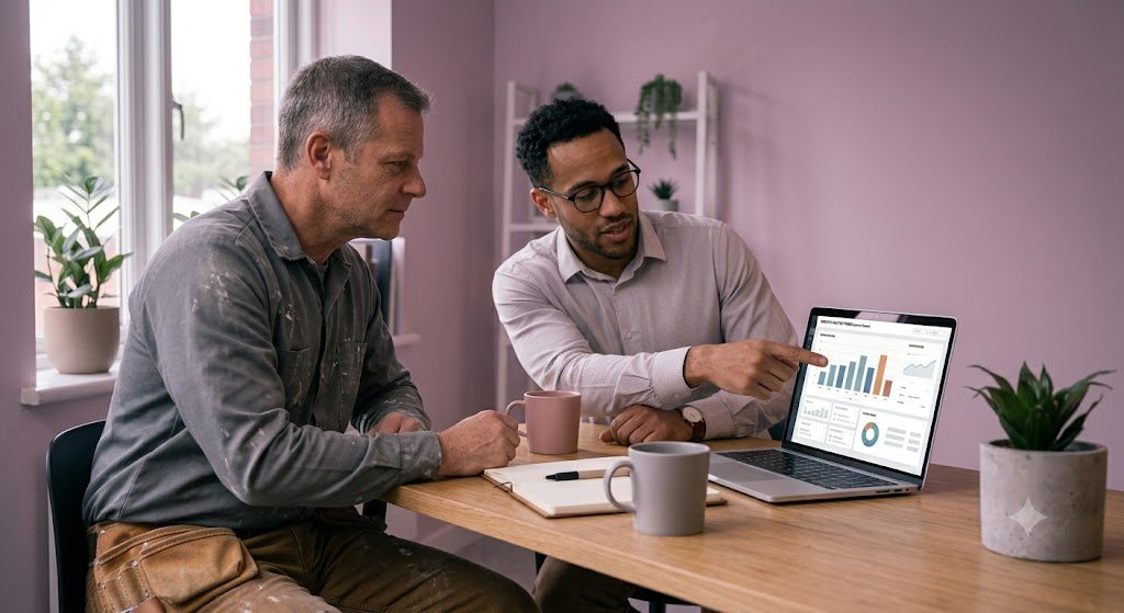 Contractor and web designer reviewing a conversion analytics report on a laptop together