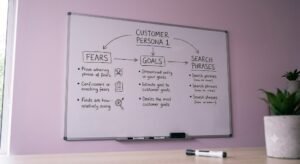 Extensive Market Research That Finds What Customers Need to Hear 2 Whiteboard mapping customer fears, goals, and search phrases, an example of extensive market research