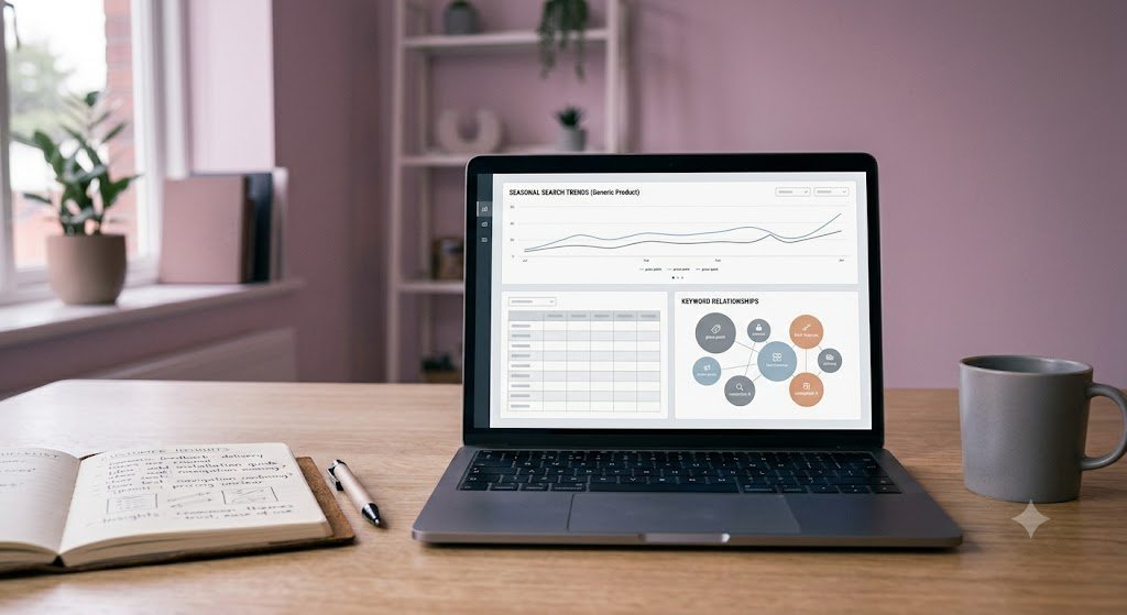 Extensive Market Research That Finds What Customers Need to Hear 4 Laptop displaying a market research dashboard next to a notebook with customer insights, an example of extensive market research