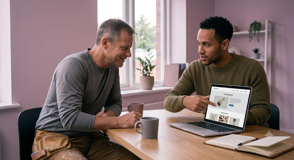 Contractor and web designer reviewing a home service website mockup together on a laptop
