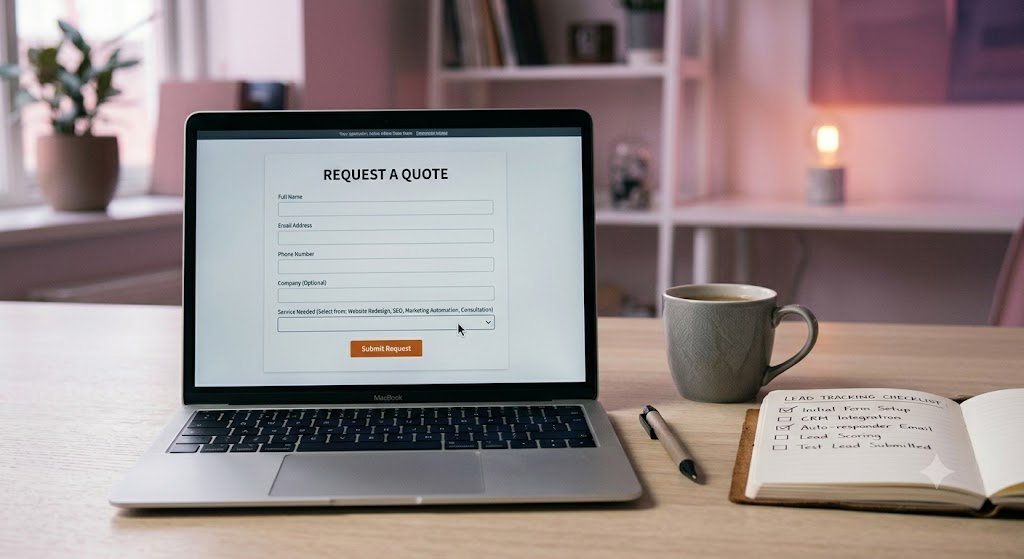 Lead Generation Web Design Built for Qualified Calls 1 Laptop displaying a "Request a Quote" lead generation form, an example of lead generation web design built for qualified calls
