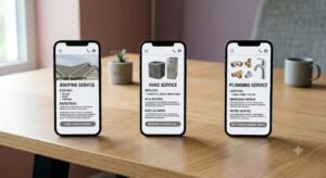 Three smartphones displaying roofing, HVAC, and plumbing service pages, an example of home service web design built for different trades