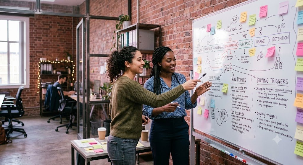 Extensive Market Research That Finds What Customers Need to Hear 3 Two colleagues collaborating at a whiteboard mapping customer journey pain points and buying triggers for market research strategy