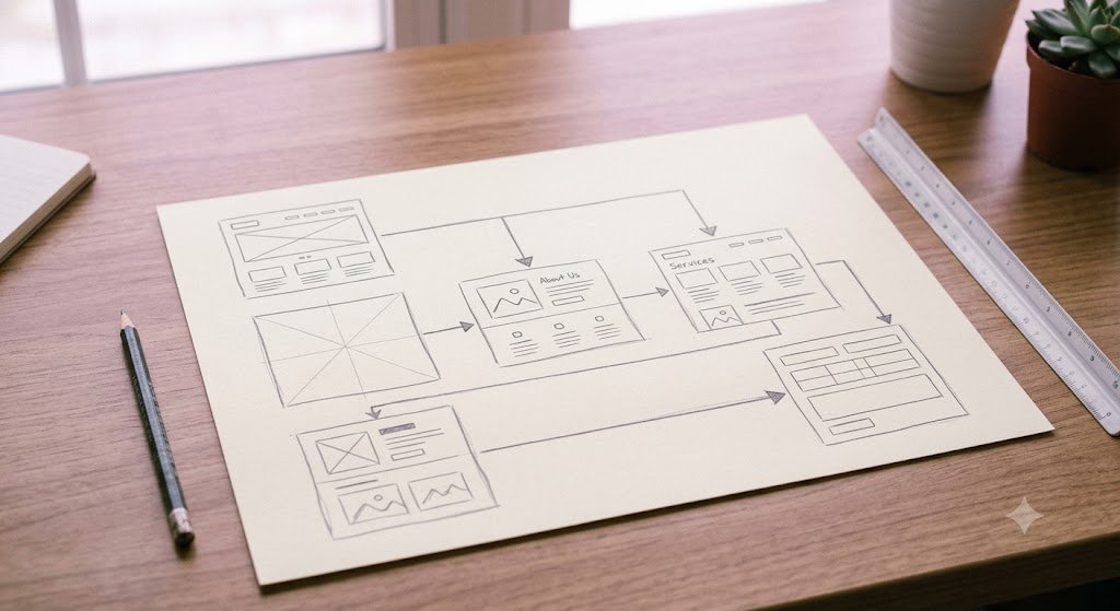 Website Transformation Built Around the Next Click 3 Hand-sketched website wireframe mapping the user's click path through a homepage redesign
