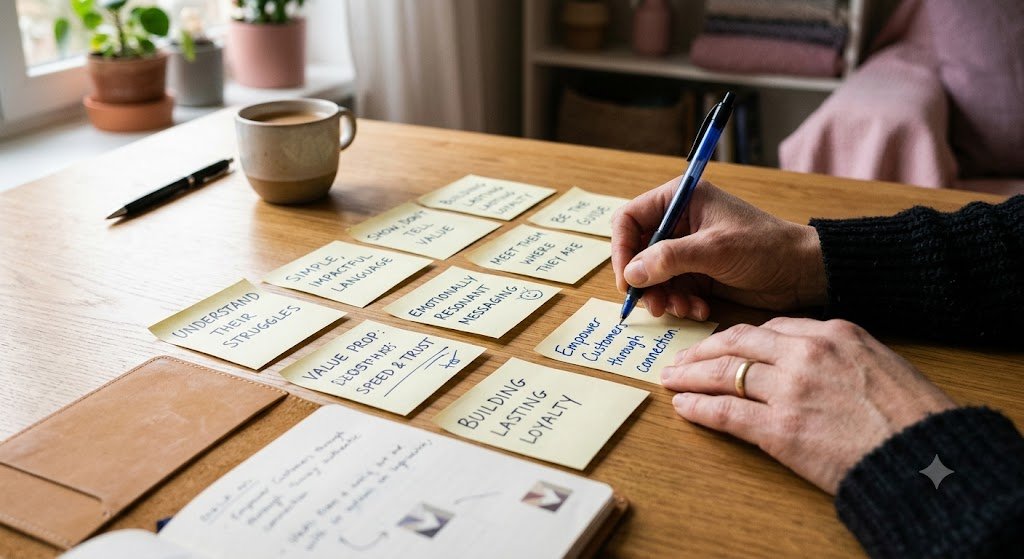 Hand writing brand messaging concepts on sticky notes during a brand strategy and messaging planning session