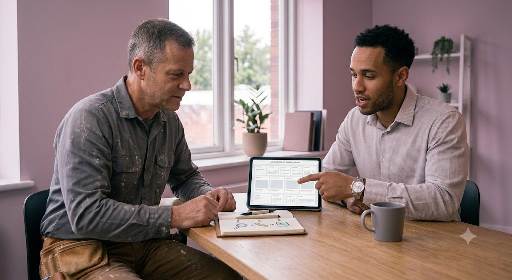 Website Transformation Built Around the Next Click 4 Contractor and web designer reviewing a website mockup on a tablet, representing common questions about website transformation