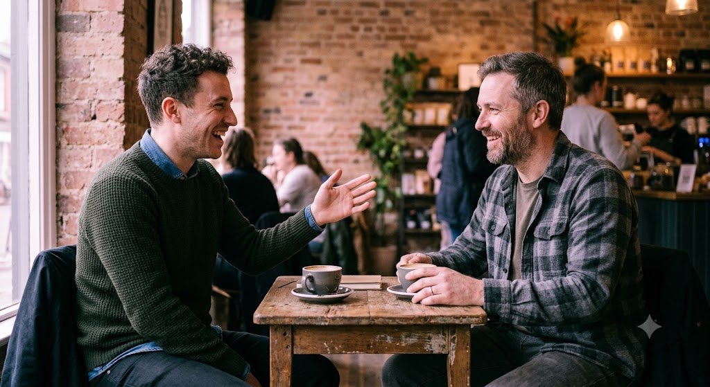 A candid, warm-toned photograph of two men sitting across from each other at a small rustic wooden table in a coffee shop, laughing and having a genuine conversation. One man is gesturing with his hand while the other listens with a smile.