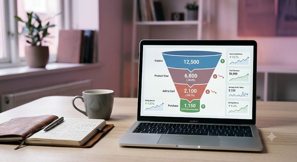 Laptop displaying a conversion funnel dashboard, an example of conversion-focused web design tracking visitors to booked jobs