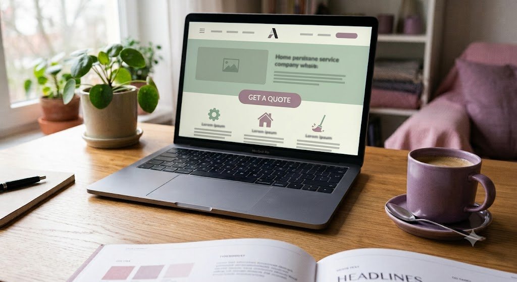 Laptop displaying a home service website with a "Get a Quote" button, an example of home service web design built to book jobs