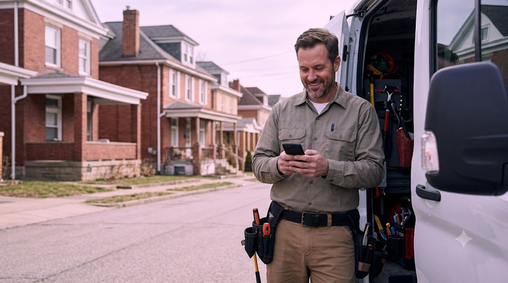 Pittsburgh home service contractor checking phone notifications next to his work van after a Pittsburgh home service website design launch