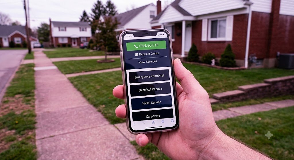 Homeowner holding a phone displaying a click-to-call button, an example of mobile-first home service web design