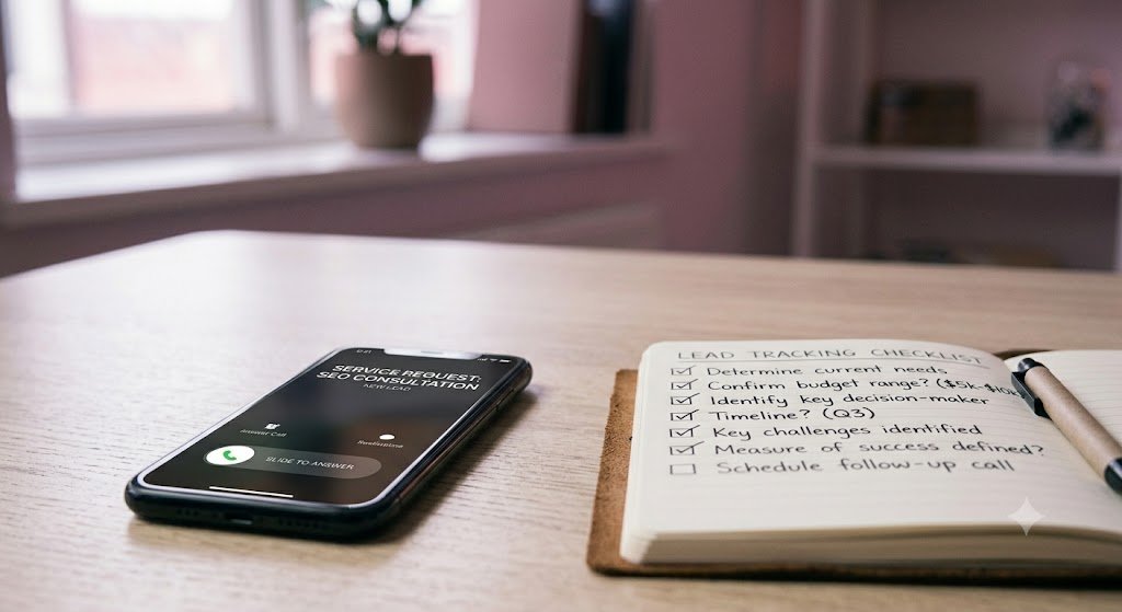 Lead Generation Web Design Built for Qualified Calls 3 Phone displaying an incoming service request call next to a lead qualifying checklist, an example of lead generation web design