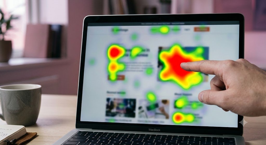 Hand pointing at a website heatmap showing click behavior, part of a conversion-focused web design analysis